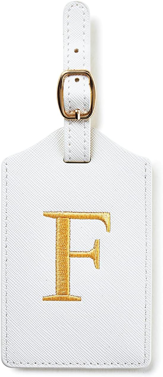 Initial Luggage Tag, PU Leather Luggage Tag, Embroidered Luggage Tag, Letter Luggage Tag, Monogrammed Luggage Tag, Luggage Tag for Baggage Bag Suitcase (F, White Leather+Gold Letter)