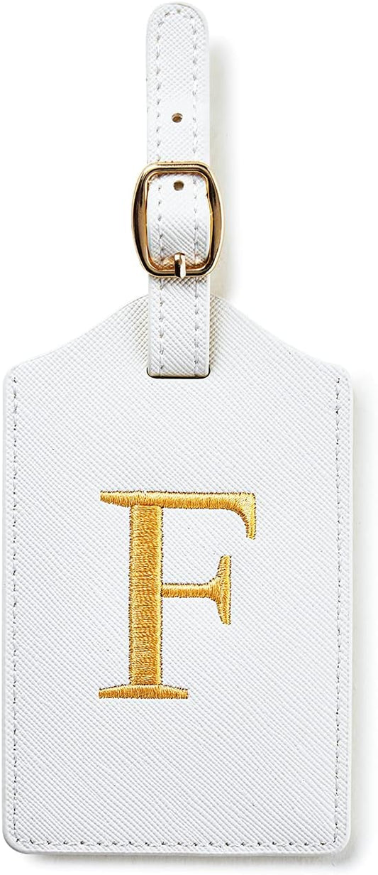 Initial Luggage Tag, PU Leather Luggage Tag, Embroidered Luggage Tag, Letter Luggage Tag, Monogrammed Luggage Tag, Luggage Tag for Baggage Bag Suitcase (F, White Leather+Gold Letter)