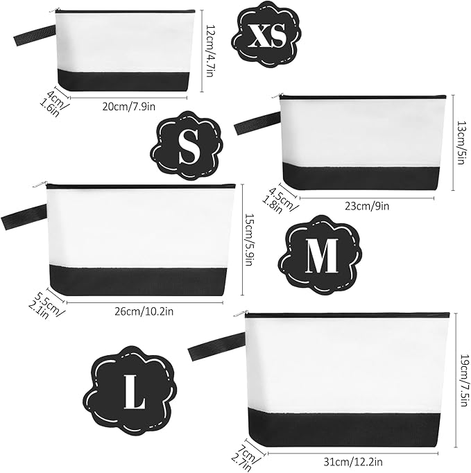 10 Pieces Cotton Canvas Makeup Bag with Bottom and Strap, Multi-Purpose Cosmetic Bag with Zipper Travel Toiletry Pouch, Blank DIY Craft Bag (White&Black, S)