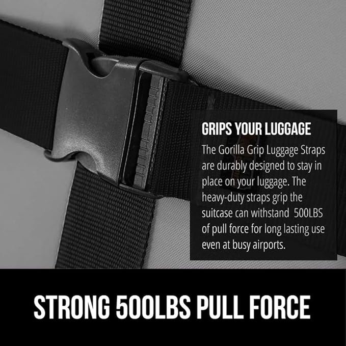 GORILLA GRIP Heavy Duty 4 Pack Adjustable Luggage Straps for Suitcases, Easy to Identify Travel Belt Connector Holds Suitcase Together, Extends Life of Bag, Strap Connects Two Bags, Accessories, Black