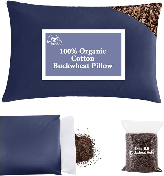 Organic Buckwheat Pillow for Sleeping with Dual-Layer Pillowcase and Extra Tartary Buckwheat Hulls, Adjust Height and Firmness, Neck Support Pillow for Back and Side Sleepers 14"x20", Navy Blue