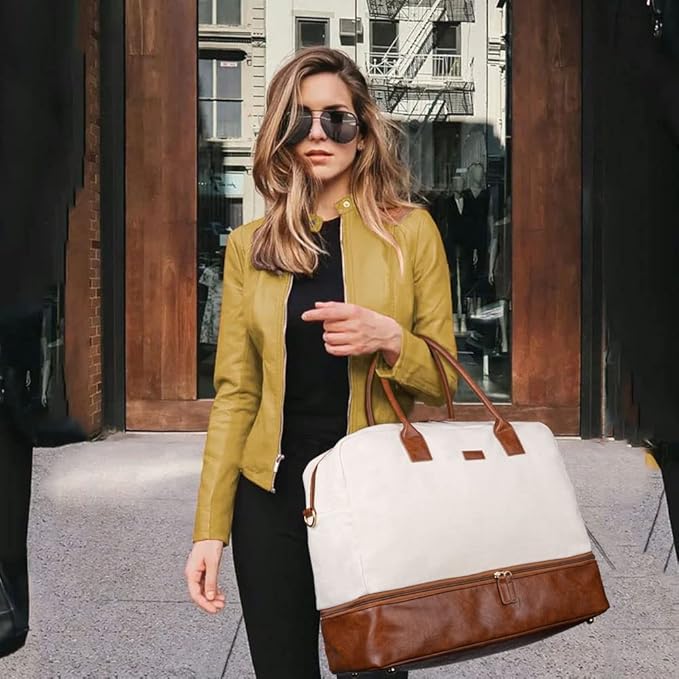 MyMealivos Canvas Weekender Bag for Women, Large Overnight Travel Carry on Duffel with Shoe Compartment & Toiletry Bag, Durable & Dirt-Resistant Personal Item Bag for Airplanes, Luggage Sleeve