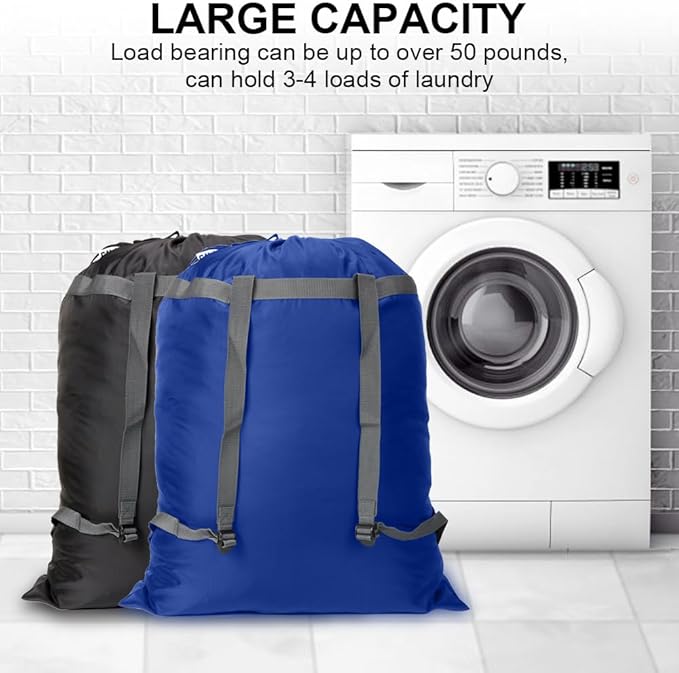 2 Pack Laundry Bag Backpack, 27” x 34”Sturdy Laundry Bag with Shoulder Straps Drawstring Closure Heavy Duty Foldable Laundry Backpack for College, Travel, Laundromat, Apartment (Black Blue)