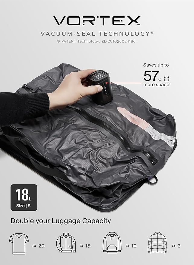 Black Voyage Reusable Vacuum Compression Travel Bag for Carry-On Suitcase and Backpack, Recycled IP67 Waterproof Space Saver Vacpack (1-Pack, 18L - No Pump)