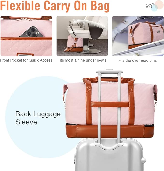 Weekender Bags for Women, Travel Duffle Bag Carry On Travel Bag Overnight Bag with Shoe Compartment Toiletry Bag, Large Weekend Tote Bag Gym Bag Hospital Bag for Labor and Delivery, 50L Quilted Pink