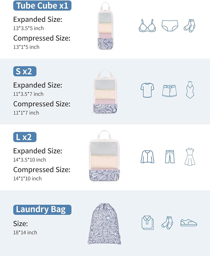 Narwey 6 Set/5 Set Compression Packing Cubes for Travel Kids Women Carry on, Packing Organizers Bag for Backpack Luggage Suitcase Duffle Bags