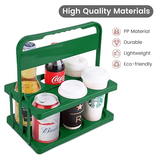 Bodaon 6 Cup Drink Carrier with Handle, Plastic Cup Holders for Take Out Delivery Drivers, Reusable Foldable Car Drink Caddy, Leakproof Food Delivery Accessories, 360° Secure Grip, Green