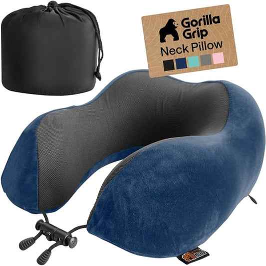 GORILLA GRIP Adjustable Travel Neck Pillow for Airplanes, CertiPUR-US® Memory Foam, Soft Velvet, Cooling Mesh Pillows, Support Headrest for Sleeping, Traveling Essentials Flight Accessories Navy Blue