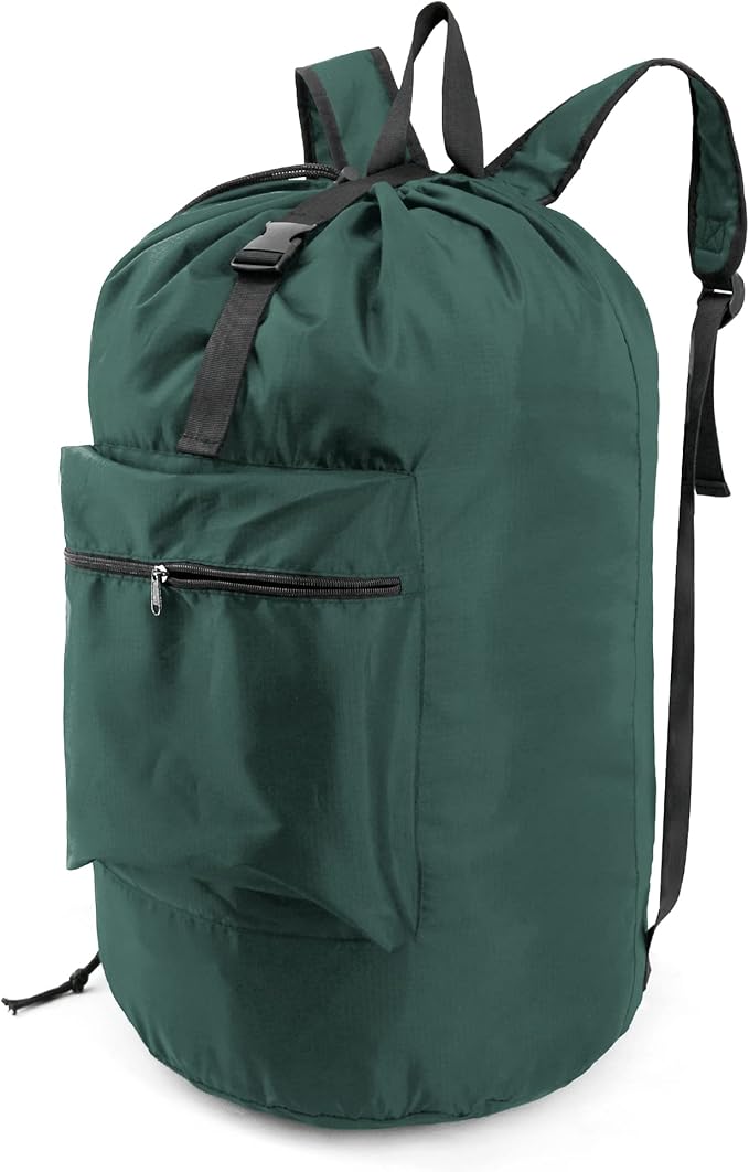 BeeGreen Laundry-Bag-Backpack-Heavy-Duty, Green Nylon Drawstring Portable Laundry Backpack Tall Foldable Extra Large Dirty Clothes Travel Bag with Handle College Dorm Apartment Essentials