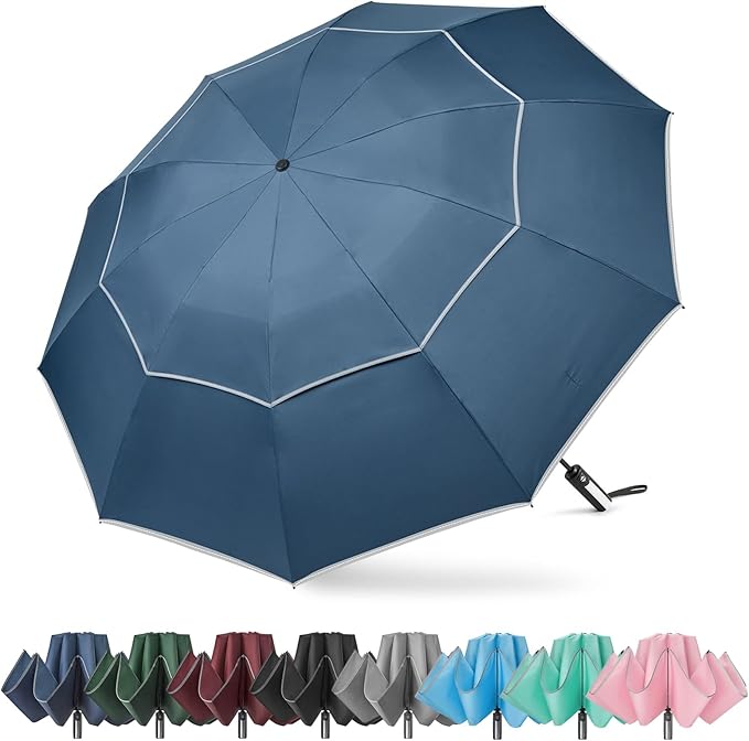 G4Free 54/62 Inch Windproof Inverted Umbrella with Reflective Stripe Large Compact Reverse Golf Umbrella for Rain 10 Ribs Double Canopy Travel Umbrella Automatic Open Close
