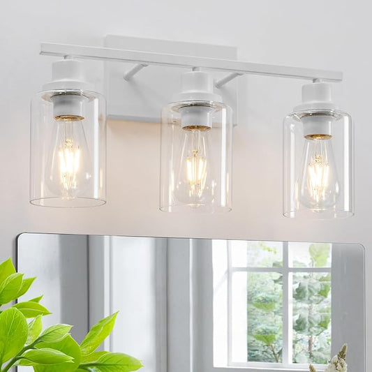 3 Light White Bathroom Light Fixtures Vanity Light Over Mirror Modern Wall Lighting Sconces Rustic Industrial Wall Lamp for Bathroom, Bedroom, Living Room E26 Socket with Glass Shade