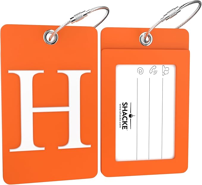 Shacke Luggage Tag Initial – Fully Bendable Tag w/Stainless Steel Loop - Orange (Letter H)
