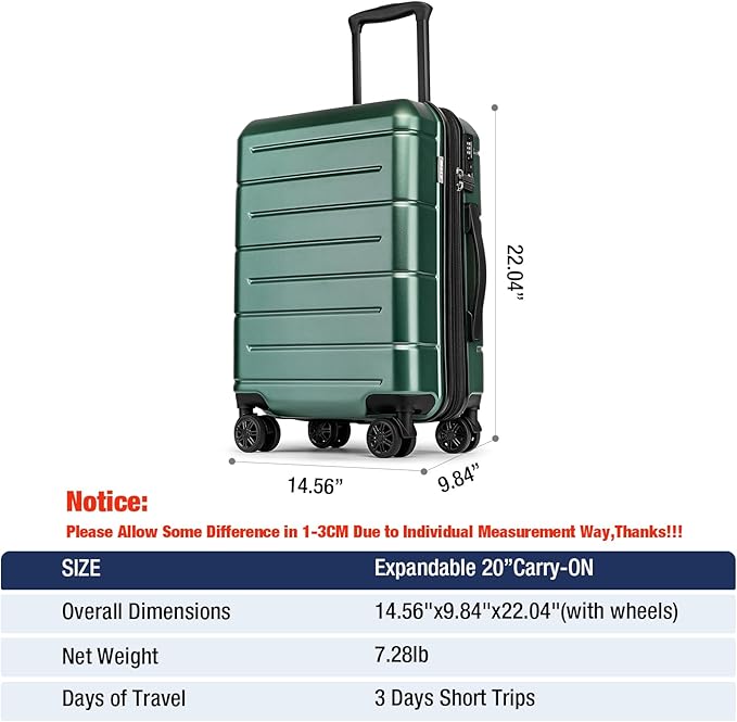 KYME Carry On Luggage 22x14x9 Airline Approved Expandable Hardshell 20 Inch Suitcase with TSA Lock Carry On Suitcase with Wheels Small Travel Rolling Luggage with Cup Holder for Men Women Green