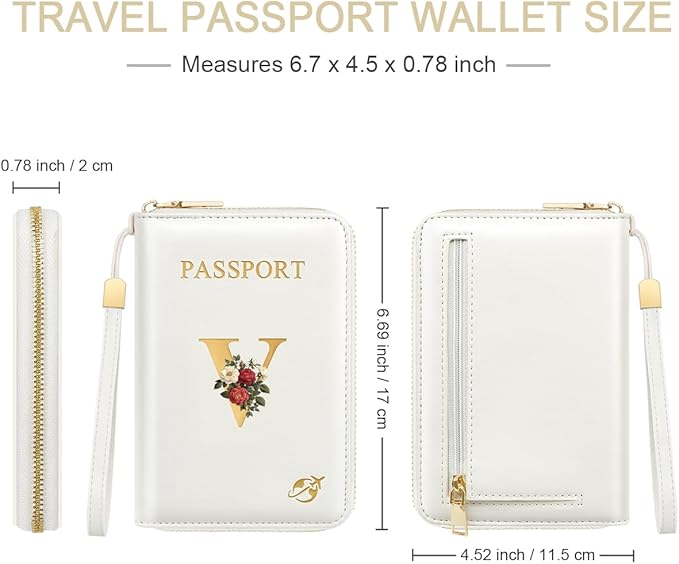 Passport Holder for Travel Personalized Passport Holder Initial Letter Rose Flower RFID Blocking Travel Wallets Credit Cards Holder for Women Men, White V