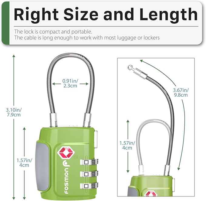 Fosmon TSA Approved Cable Locks for Luggage, Suitcase Locks with Push Release Button, 3 Digit Long Shackle Combo Wire Locks for Backpack, Gym Locker