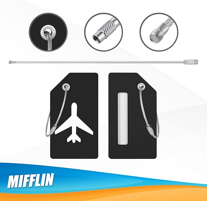Mifflin-USA Silicone Luggage Tags (Black, 2 Pack) with Plane Embedded Design & Name ID Card; Bright Colors to Quickly Find Your Bag
