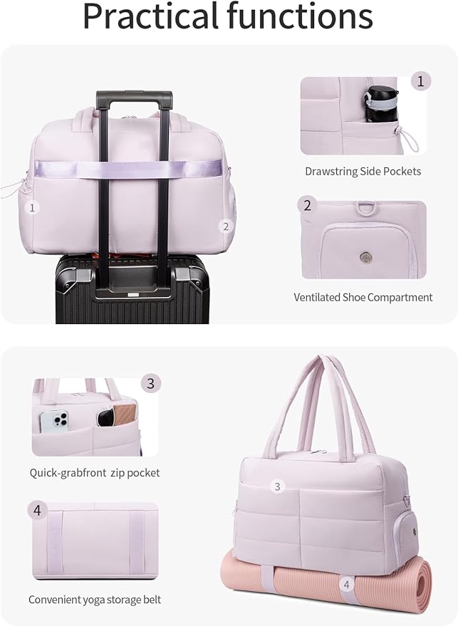 Gitus Carry On Duffle Gym Bag for Women Puffer Weekender Overnight Duffel Bag for Travel with Clear Toiletry Pouch Sport Yoga Fitness Essentials Gifts (Lavender)