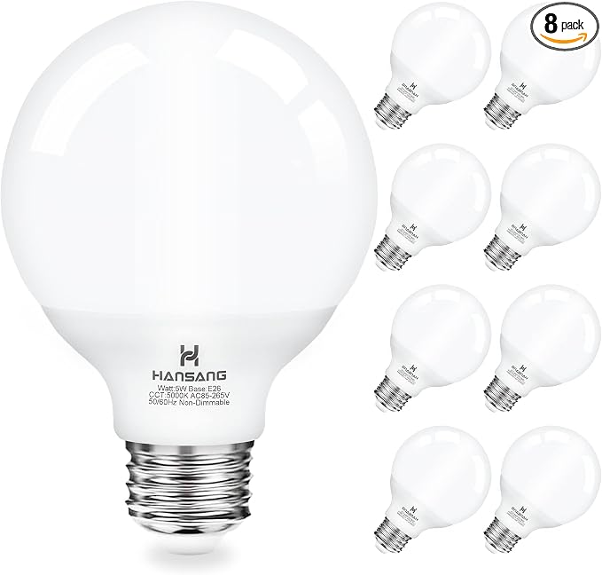 Vanity Light Bulb 5000K Daylight 8 Pack G25 LED Globe Light Bulb for Bathroom Vanity Mirror Decorative,E26 Medium Base, 5W 60W Incandescent Equivalent,500LM,Non-dimmable