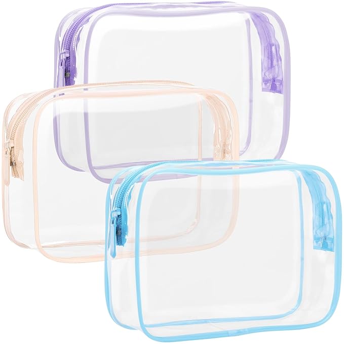 F-color TSA Approved Toiletry Bag 3 Pack Medium - Clear Makeup Bag Travel Quart Size for Women Men, Clear Cosmetic Bag Airport Airline Compliant Carry on Bag, Macaron Blue Purple Pink