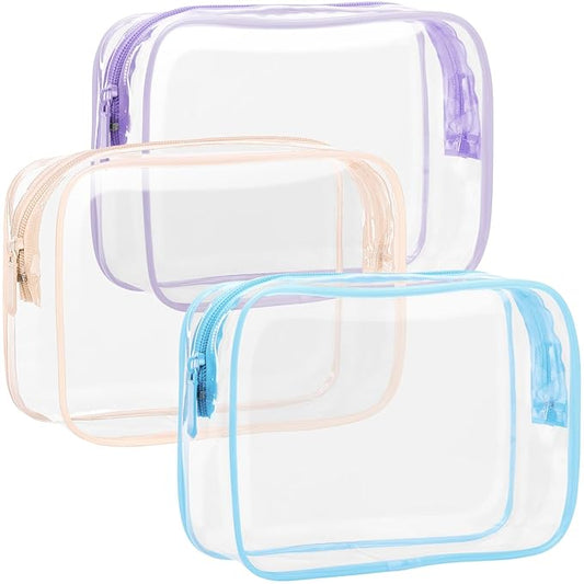 F-color TSA Approved Toiletry Bag 3 Pack Medium - Clear Makeup Bag Travel Quart Size for Women Men, Clear Cosmetic Bag Airport Airline Compliant Carry on Bag, Macaron Blue Purple Pink