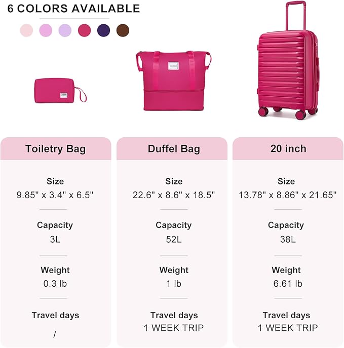 LARVENDER Luggage Sets 3 Piece, Expandable Hardside PP Carry On Luggage Suitcase with 360° Spinner Wheels TSA Lock Suitcase Set for Women Men, Beetroot Purple