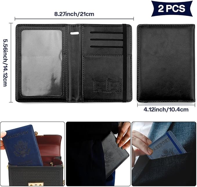 Passport Holder for Travel, 2 Pack Passport Cover, Waterproof Passport Wallet Leather Passport Holder Pen Holder Passport Holders for Women Men Family Travel Must Haves Essentials, Black+Navy Blue