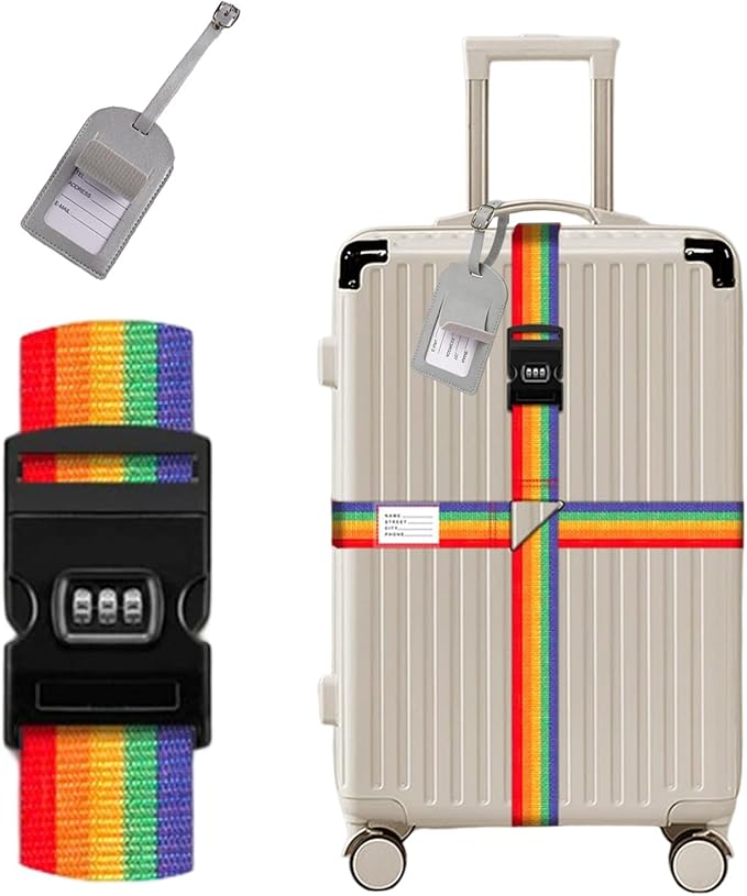 Luggage Straps for Suitcases,Travel Luggage Straps with Lock and Luggage Tags,Suitcase Strap,Adjustable Colorful Travel Belt for Travel Suitcase Bag Closure Accessories.(Rainbow)