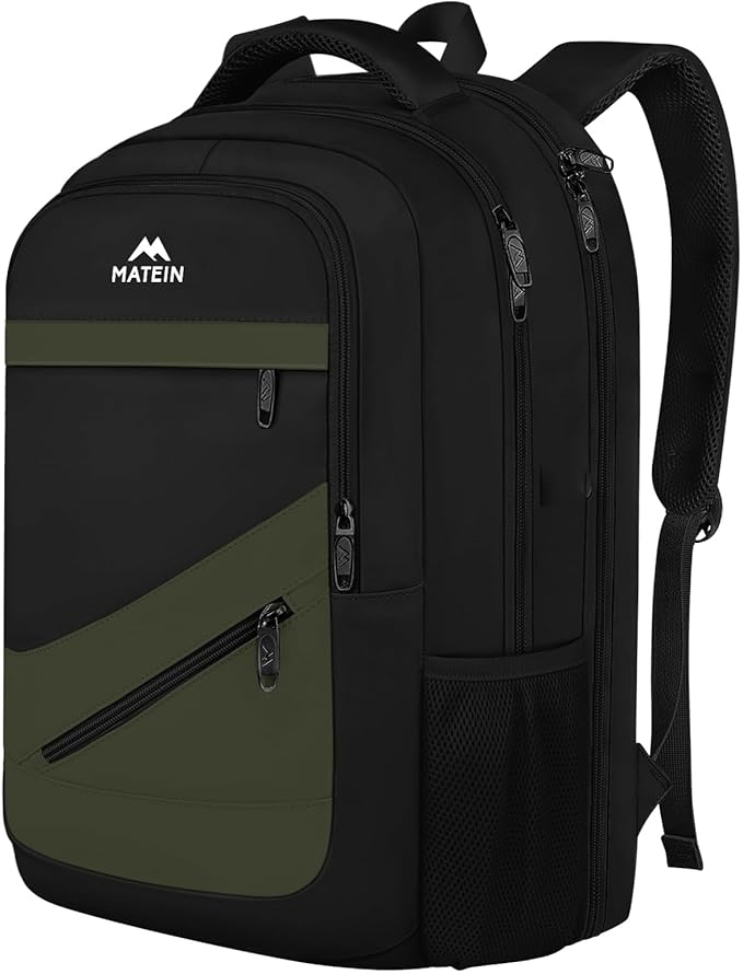 MATEIN 17 Inch Laptop Backpack for Work, Airline Approved Carry On Travel Backpack with Anti Theft Pocket and Luggage Strap, Water Resistant College Computer Daypack Gifts for Men Women, Black Green