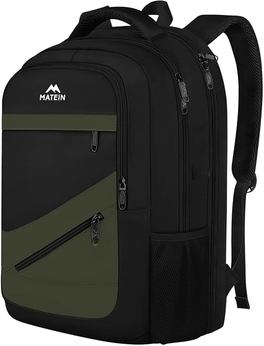 MATEIN 17 Inch Laptop Backpack for Work, Airline Approved Carry On Travel Backpack with Anti Theft Pocket and Luggage Strap, Water Resistant College Computer Daypack Gifts for Men Women, Black Green