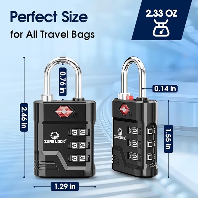SURE LOCK TSA Approved Luggage Lock – 3-Digit Resettable Combination Padlock with Open Alert Red Dot, Large Easy-Read Dials for Suitcases, Backpacks, Gym & School Lockers