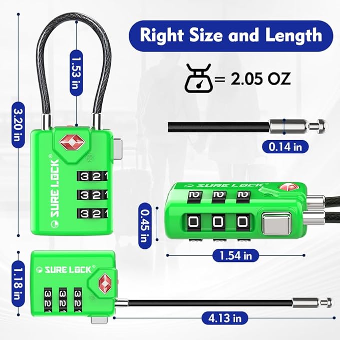 SURE LOCK TSA Approved Combination Luggage Locks with Open Alert Indicator – Durable Zinc Alloy Cable Travel Locks with Large Easy-Read Dials for Suitcases, Backpacks & Gym Bags （Green 2 Pack