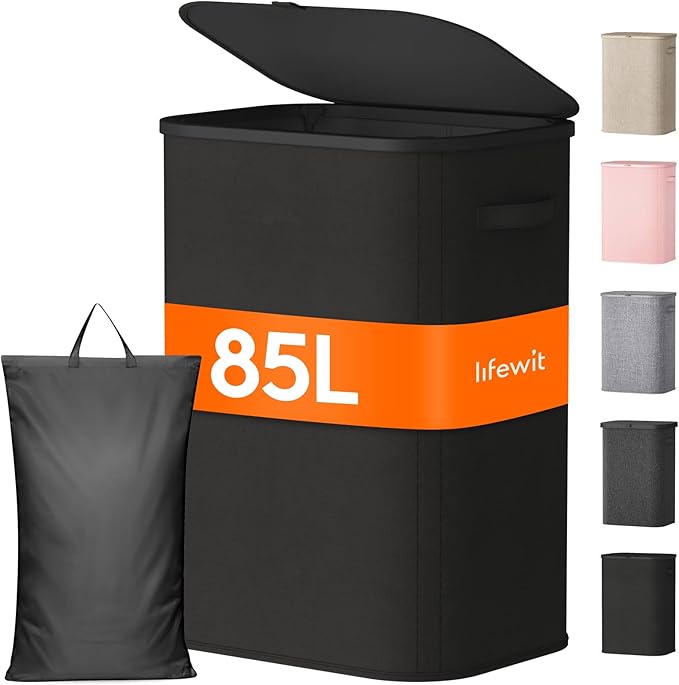 Lifewit 85L Large Laundry Basket with Lid, Laundry Hamper with Plastic Handles and Removable Bag, Foldable Tall Dirty Clothes Hampers for Laundry for Laundry Room, Bedroom, Bathroom, Dorm, Black