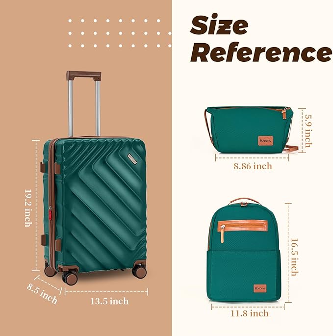 3 piece Luggage Set Expandable Suitcase 22x14x9 Airline Approved Carry on, ABS Hard Case Suitcases with Spinner Wheels, TSA Lock, (DarkGreen, 3 Piece Sets(20/BP/TB))