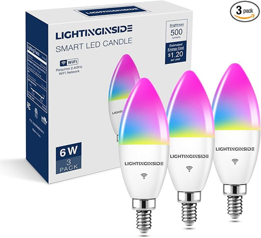 E12 Smart Bulbs 60W Work with Alexa/Google Home, 3 Pack | No Hub Required, 500LM 6W RGBCW Candle Chandelier Light bulb Work with SmartLife, 2.4G WiFi & BLE Candelabra Bulb, ETL Listed