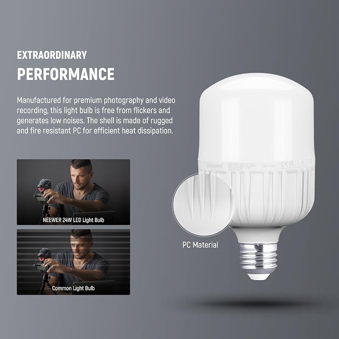 Neewer E26 24W LED Light Bulbs, 2 Packs, 2160 Lumens/5700K/CRI 93+/15000h Lifespan, Bright Video Photography Lighting, Silent/No Flicker/Non Dimmable 200W Incandescent Equivalent