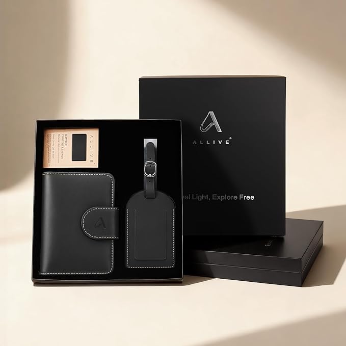 ALLIVE Passport Holder with Luggage Tag, Genuine Leather Passport Holder with AirTag Hidden Pocket, RFID Blocking Travel Wallet for Women & Men, Premium Gift Box, Ready to Gift – Gift Set (Black)