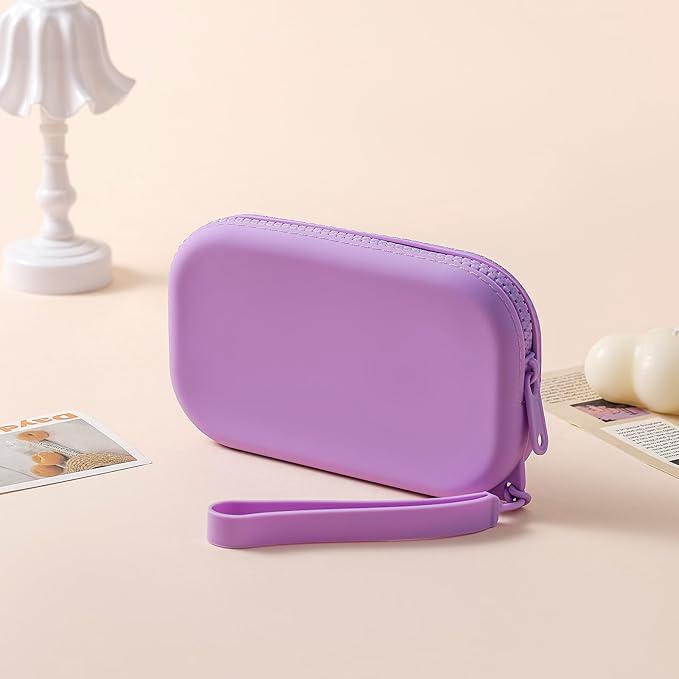 Small Silicone Multifunctional Essential Bag Portable Travel Makeup Bag for Women Men Cards Cash Bag Zipper Pouch (Purple)