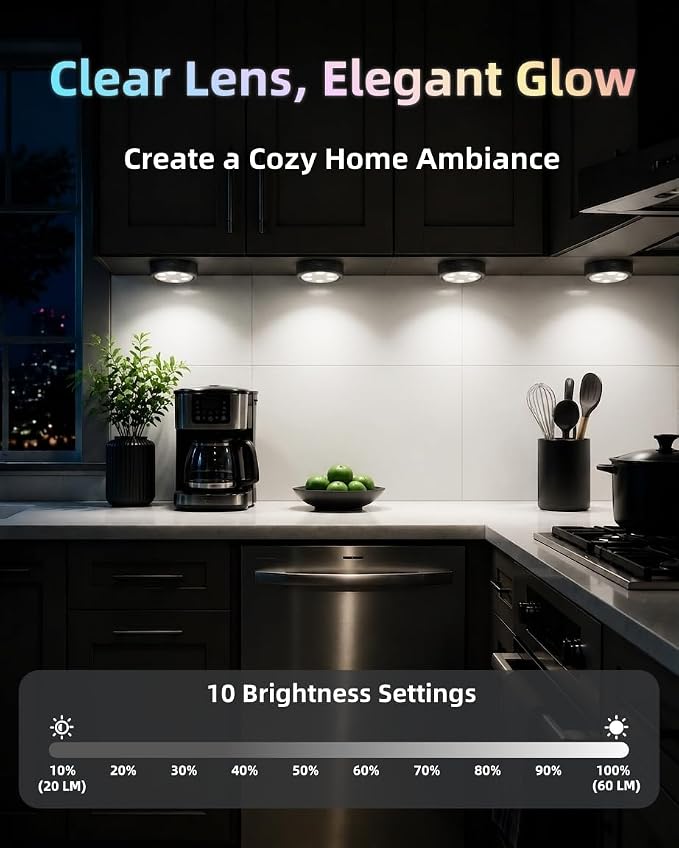 Puck Lights with Charging Station, 2000mAh Rechargeable Under Cabinet Lighting, 3 Color Temps & 7 RGB Colors, Magnetic Closet Light with Remote, Black Wireless Puck Light for Kitchen, Shelf (4 Pack)