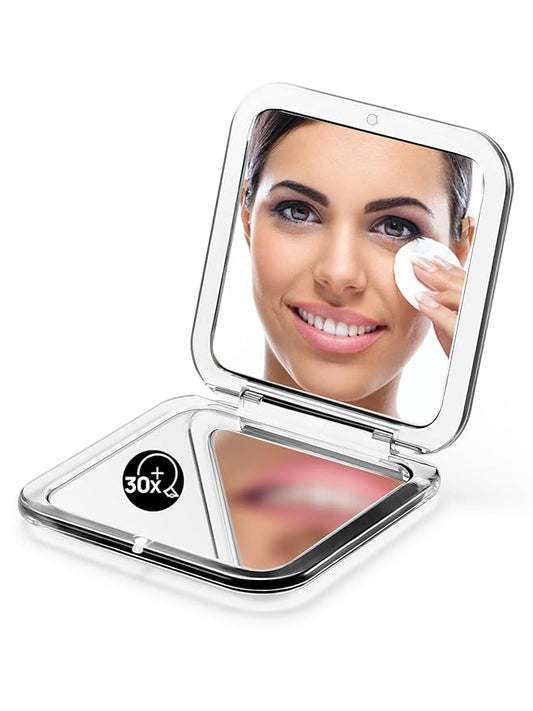 OMIRO Folding Compact Mirror, 1X/30X Magnification 3½” Pocket Size Square Hand Mirror for Travel Makeup (Transparent Black)
