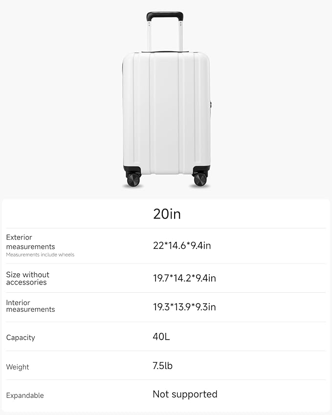 LUGGEX Carry On Luggage 22x14x9 Airline Approved, L2 100% PC Hard Shell Travel Suitcase with Smooth Spinner Wheels, TSA Lock (EX-Core, White, 20 Inch, 40L)
