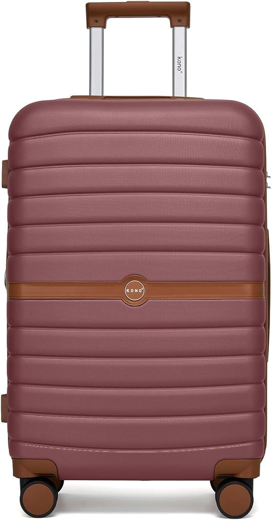 Kono Expandable 24 Inch Luggage with Spinner Wheels, Medium Checked Luggage with Lock, Lightweight & Anti-Scratch PC+ABS Hardshell Travel Suitcase, Burgundy/Brown