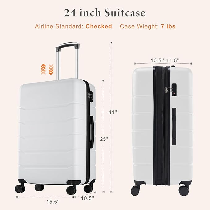 Sweetcrispy 25IN Carry on Luggage, Expandable Hard Shell ABS Suitcase with 360° Swivel Wheels, TSA Lock, Lightweight, Cream White