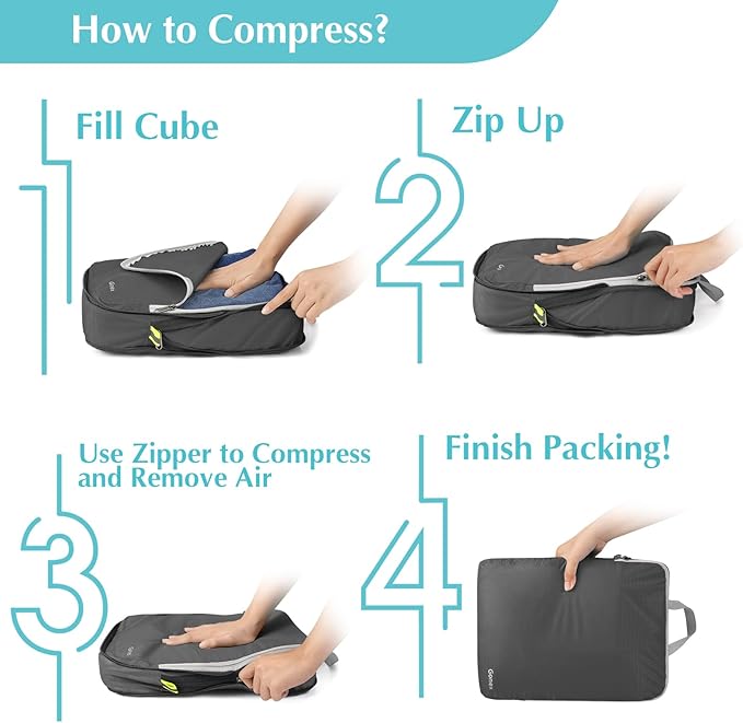 Gonex Compression Packing Cubes, 4pcs Expandable Storage Travel Luggage Bags Organizers (Deep Gray)