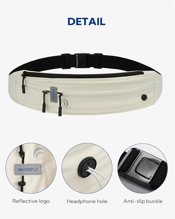 WATERFLY Running Belt Fanny Pack: Runner Marathon Jogging Waist Pack Sport Workout Exercise Fitness Phone Holder Belt for Men Women Jogger Slim Waistband Black