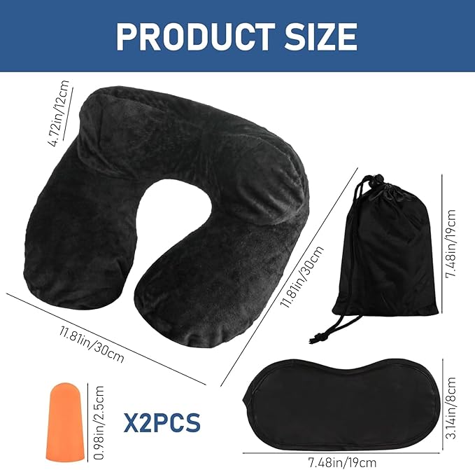 Air-Filled Travel Pillows for Sleeping Airplane Neck Support for Traveling Pillow Inflatable Travel Neck Pillows for Air-Filled Neck Pillow Airplane, with Eye Masks, Earplugs (Black, Adult)