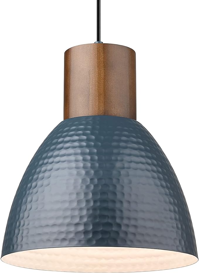 ELYONA Hammered Pendant Light for Kitchen Island, 10.2” Metal Solid Wood Bar Hanging Lamp, Adjustable Height Industrial Pendant Lighting for Dining Room, Bedroom, Bar, Office, Modern Blue