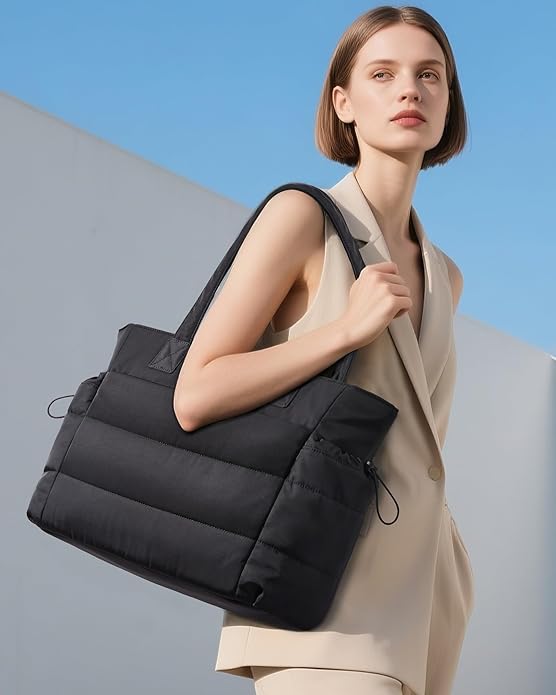 LOVEVOOK Tote Bag for Women with Giant Tumbler Holder Pocket, Puffer Work Travel Laptop Handbag with Zipper for Nurse Teacher
