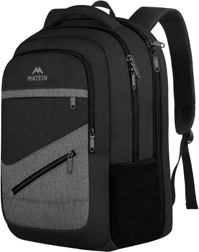MATEIN 17 Inch Backpack for Men, Professional Work Office Laptop Backpack with Anti Theft Pocket & Trolley Sleeve, Water Resistant Large College Daypack Travel Carry On, Black Grey