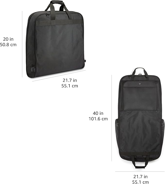 Amazon Basics 43" Travel Garment Bag Travel, Spacious Suit Bag with Detachable Shoulder Strap, Exterior/Interior Pockets, Leather-reinforced Corners, Trifold, Black