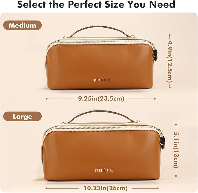 Prite Makeup Bag for Women Travel Waterproof Vegan Leather Cosmetic Bag Open Flat Toiletry Bag With Clear Divider and Handle (Brown)